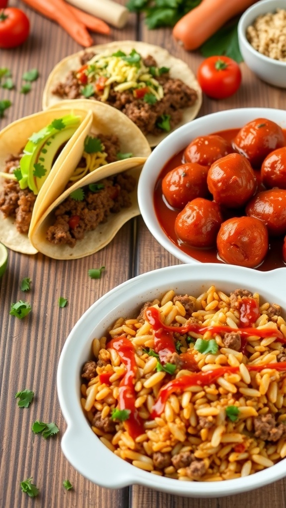 Three ground beef dishes: tacos, meatballs, and casserole on a rustic table.
